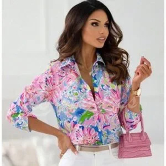Tops - Floral Print Button Down Shirt Top Long Sleeve Collared Pink Blue Multicolor
